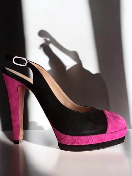 Chanel Black and Pink Platform CC Logo Heels UK 4.5 - V & G Luxe Boutique