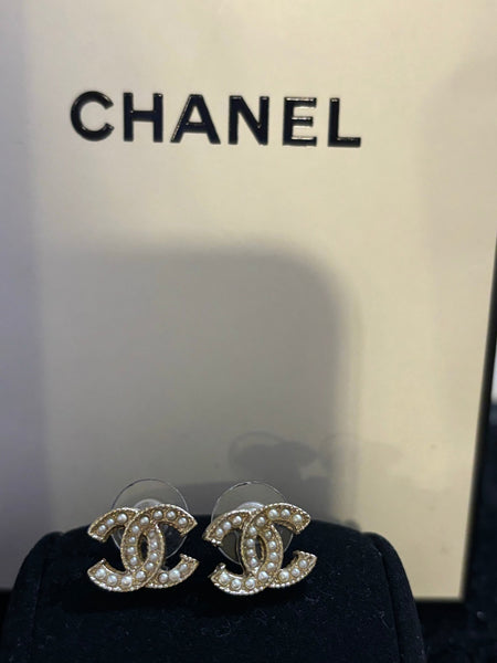 Chanel CC Faux Pearl Timeless Gold Tone Earrings - V & G Luxe Boutique