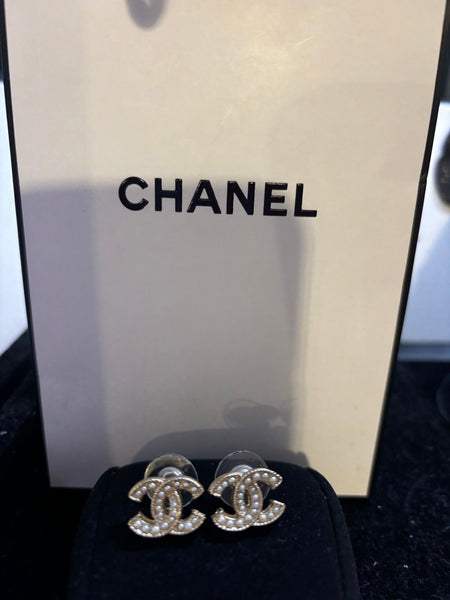 Chanel CC Faux Pearl Timeless Gold Tone Earrings - V & G Luxe Boutique