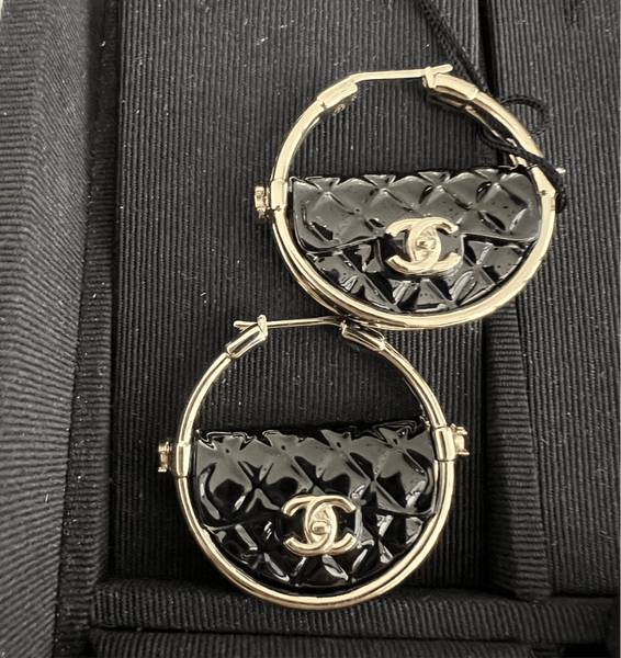 CHANEL Runway Black & Gold Hula Hoop CC Handbag Earrings - V & G Luxe Boutique