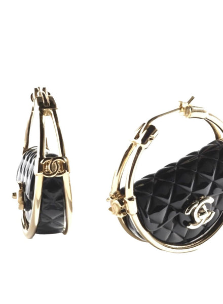 CHANEL Runway Black & Gold Hula Hoop CC Handbag Earrings - V & G Luxe Boutique