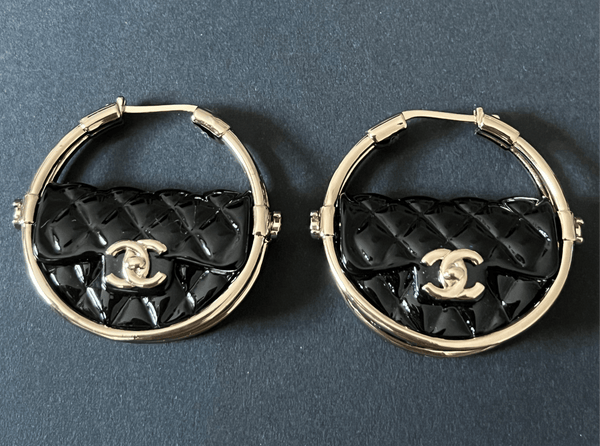 CHANEL Runway Black & Gold Hula Hoop CC Handbag Earrings - V & G Luxe Boutique