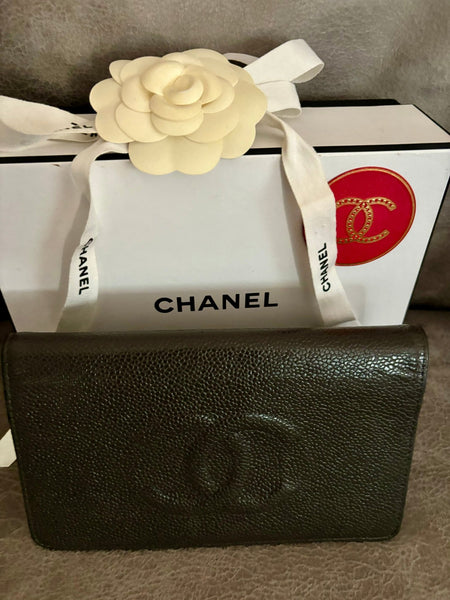 Chanel Timeless CC Logo Caviar Charcoal Grey Long Wallet - V & G Luxe Boutique