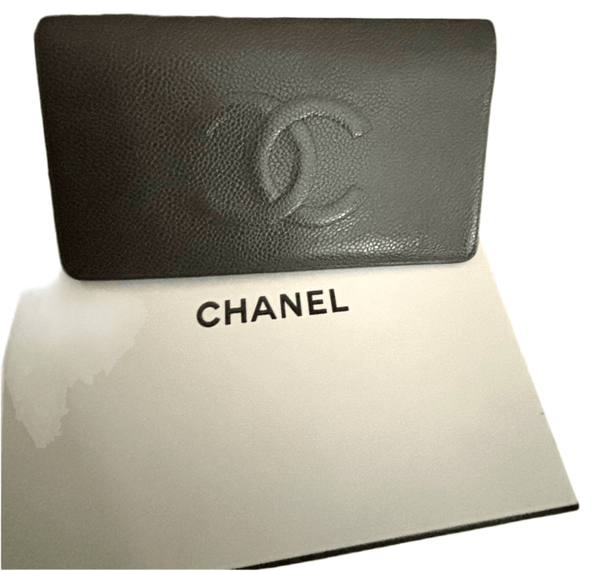 Chanel Timeless CC Logo Caviar Charcoal Grey Long Wallet - V & G Luxe Boutique