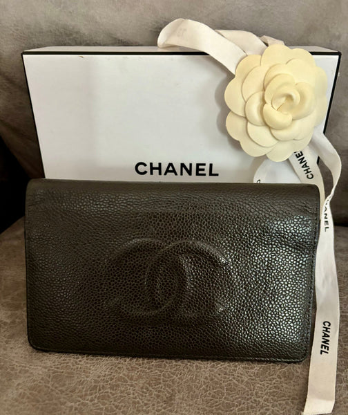 Chanel Timeless CC Logo Caviar Charcoal Grey Long Wallet - V & G Luxe Boutique