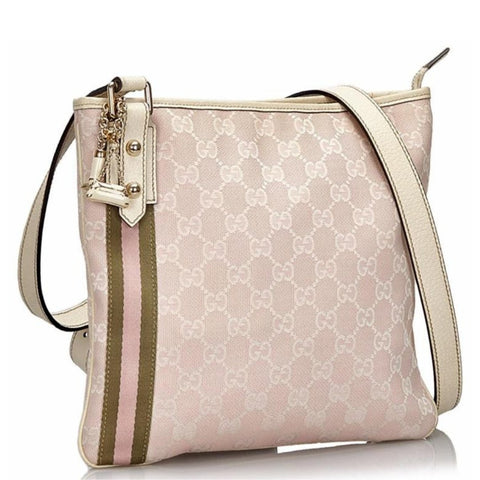 Brand New Gucci Pink & White Monogram Leather & Canvas Crossbody Charm Messenger Bag - LIMITED EDITION - V & G Luxe Boutique