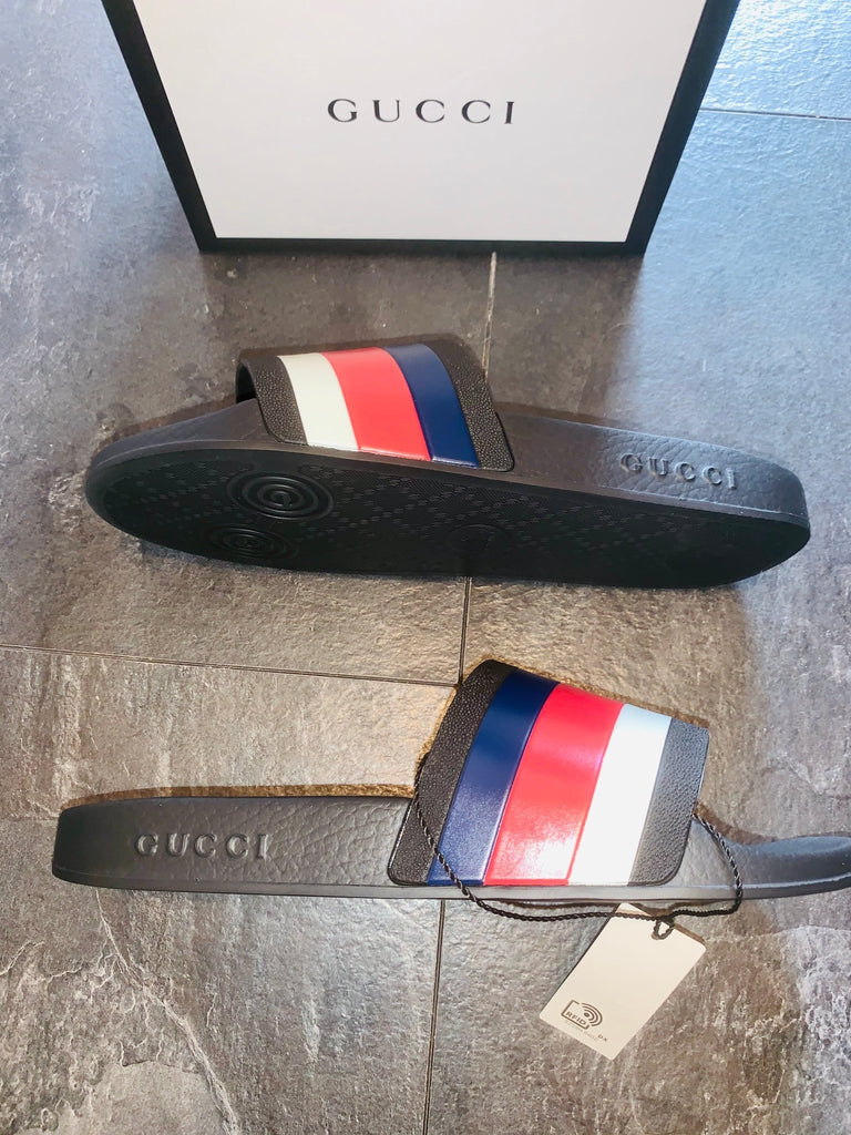 Gucci red white sale and blue slides