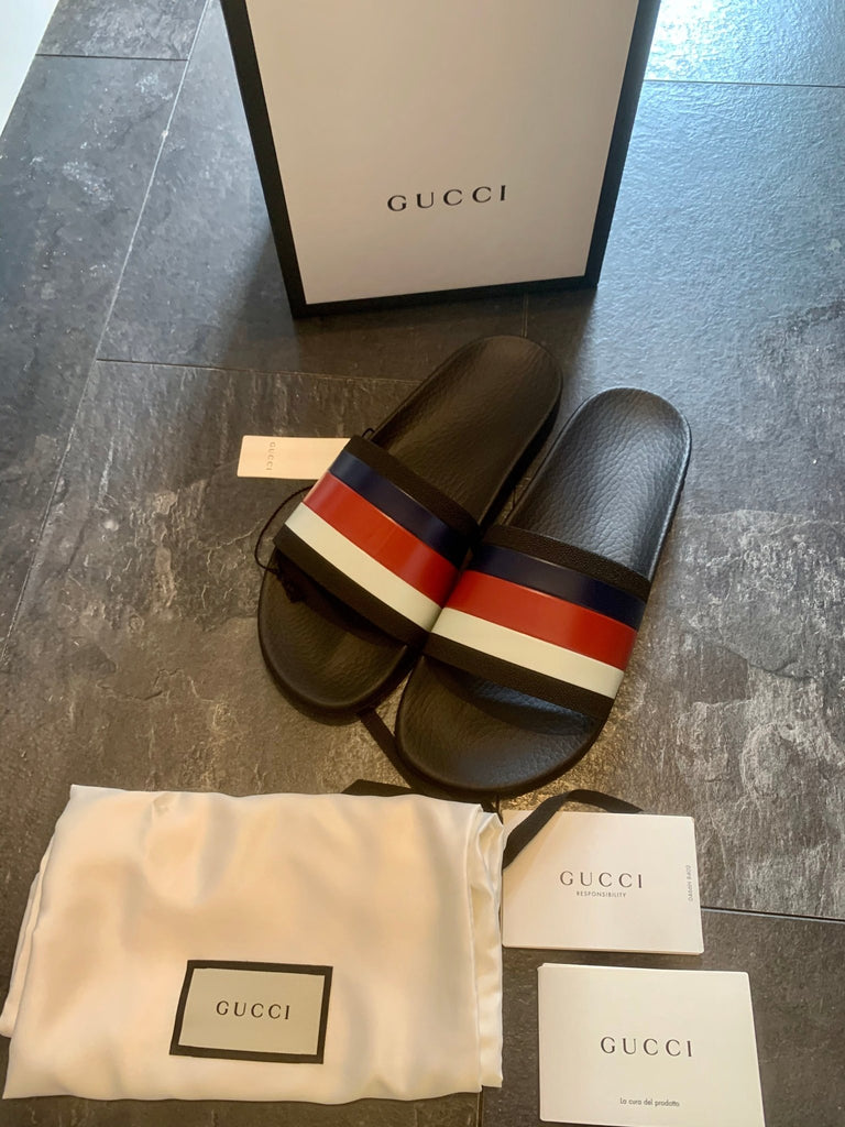 Blue red white sales gucci slides