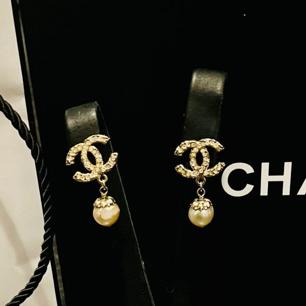 Chanel CC Gold Tone Faux Pearl Drop Earrings - V & G Luxe Boutique