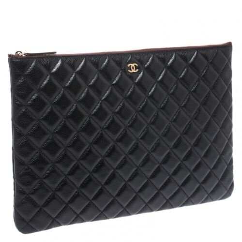 Chanel O Case Large Quilted Black Caviar Leather Clutch V G Luxe Boutique