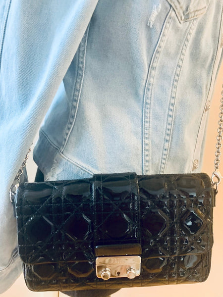 Christian Dior Black Patent Quilted Leather Miss Dior Chain Handbag / Cannage Wallet On Chain - V & G Luxe Boutique