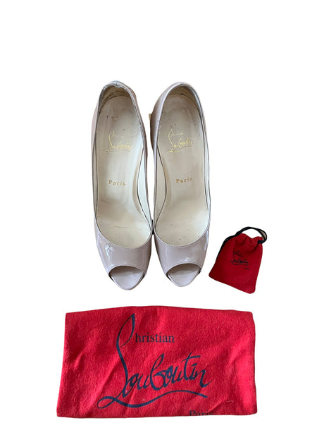 Christian Louboutin Altadama 140 120 Nude Patent Peep Toe Heels, UK Size 5 - V & G Luxe Boutique