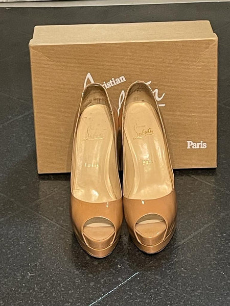 Christian Louboutin New Very Prive 120 Nude Patent Peep Toe Heels, UK Size 5 - V & G Luxe Boutique