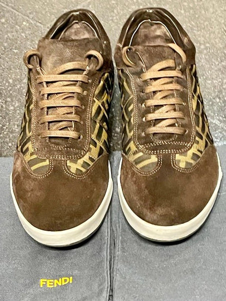 Fendi Men’s Brown Canvas & Suede Zucca F Print Sneakers, UK Size 7 - V & G Luxe Boutique