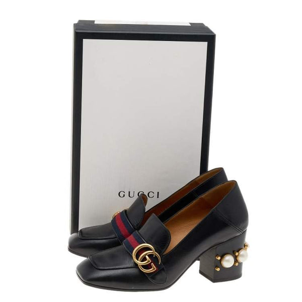 Gucci Black Leather Peyton GG Web Detail Pearl Studded Pumps - V & G Luxe Boutique