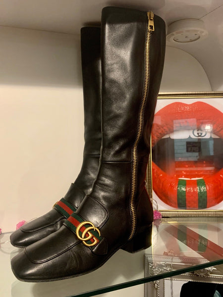 Gucci Black Peyton Thigh High Leather Marmont GG Boots, UK Size 5 - V & G Luxe Boutique