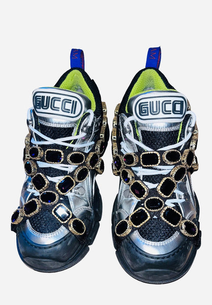 Gucci Flashtrek Silver Crystal- Embellished Metallic Sneakers - V & G Luxe Boutique