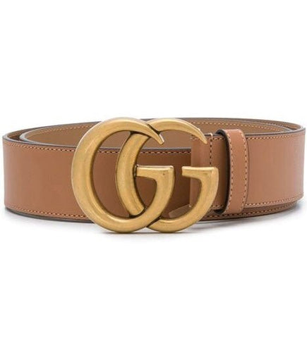 Gucci GG Gold Tone Marmont Wide Leather Tan Belt, Size Small - V & G Luxe Boutique