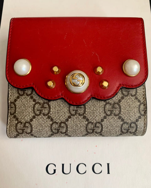 Rare Gucci Monogram Pearl Studded Brown & Red Leather Wallet / Purse - V & G Luxe Boutique