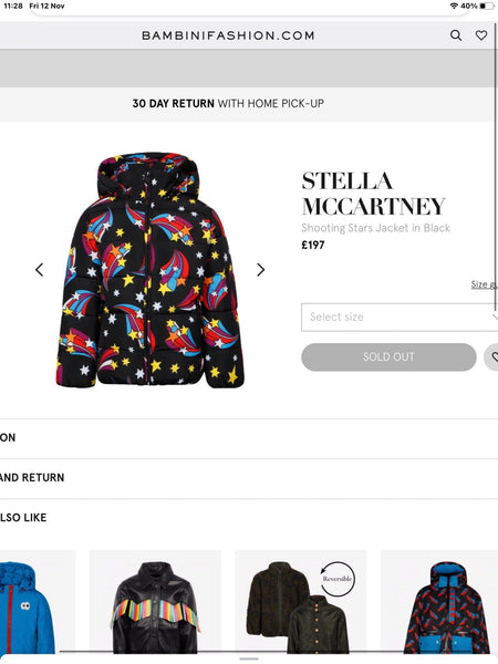 Stella McCartney Girls Black Shooting Stars Puffer Hooded Coat Age 8 - V & G Luxe Boutique
